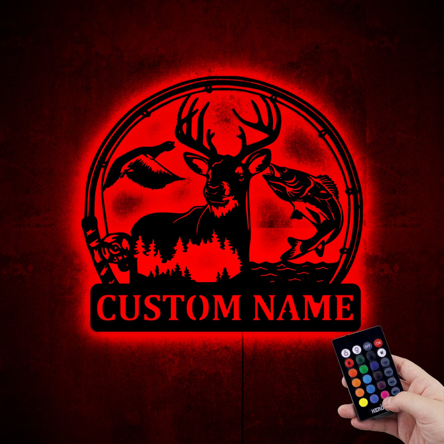 Custom Deer Duck And Bass Fishing Wood Wall Art With RGB Led Light and Remote Controller
