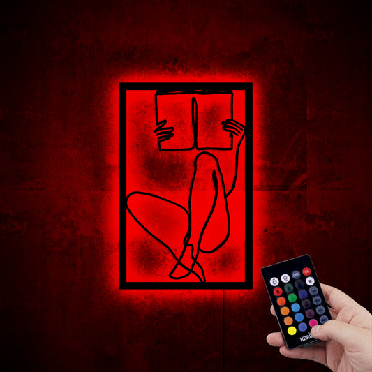 Woman Reading Book Line Art With RGB Led Light Remote Controller
