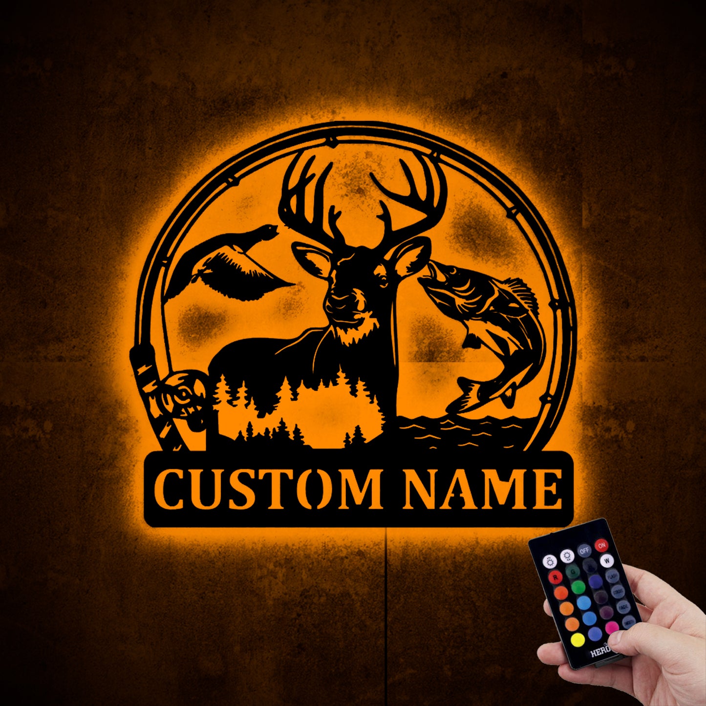 Custom Deer Duck And Bass Fishing Wood Wall Art With RGB Led Light and Remote Controller